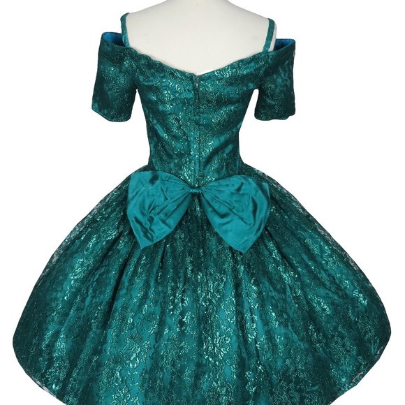Vintage 80s Gunne Sax Green Metallic Lurex Floral Lace Full Skirt Prom Dress S - Picture 4 of 12